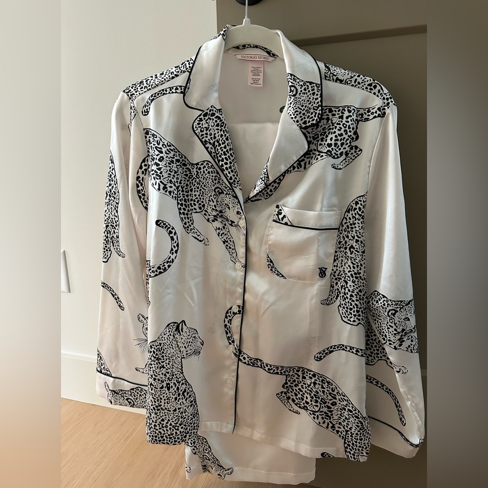 Victoria's Secret White and Black Leopard Print Satin Shirt